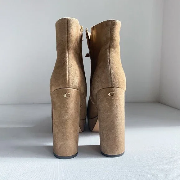 COACH Women's Iona Suede Platform High Block Heel Booties Boots Light Brown 9 - Picture 3 of 11